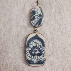Chinese Blue & White Porcelain Shards and Linked Framed in Silver Pendant (only)